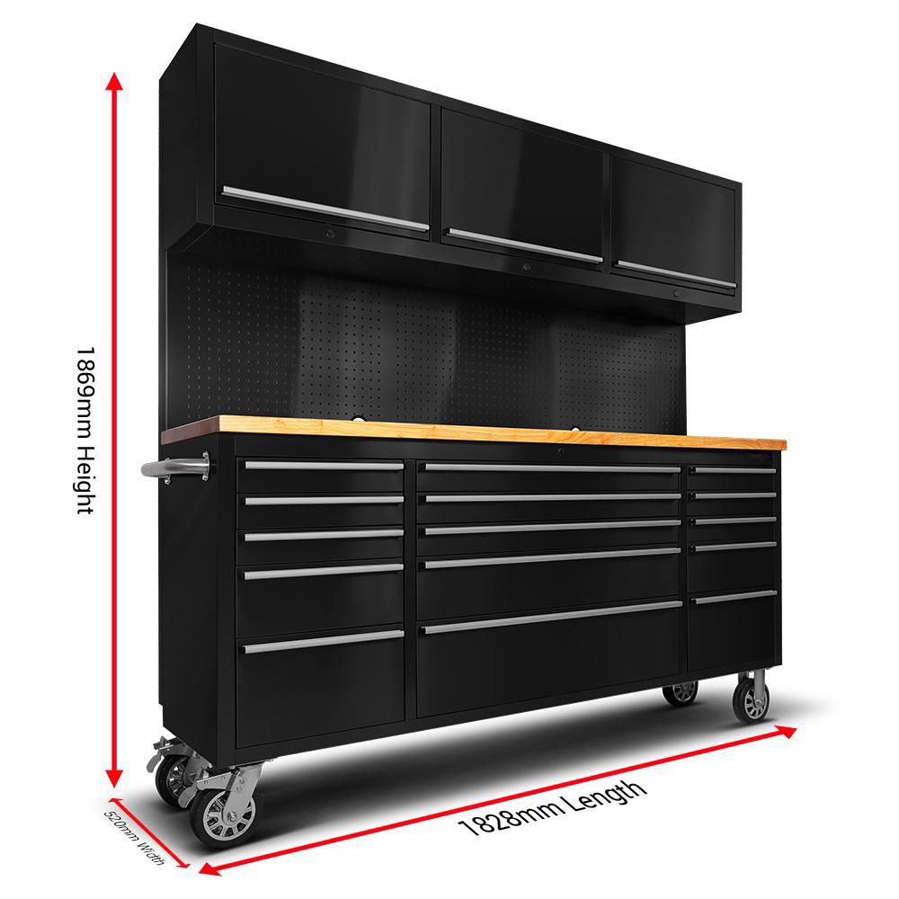 72" Matte Black Steel 15 Drawer Tool Chest with Solid Wooden Top, 3 Upper Cabinets and Peg Board