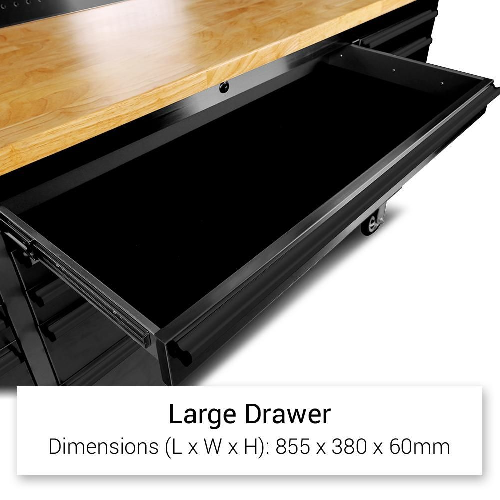 72" Matte Black Steel 15 Drawer Tool Chest with Solid Wooden Top, 3 Upper Cabinets and Peg Board