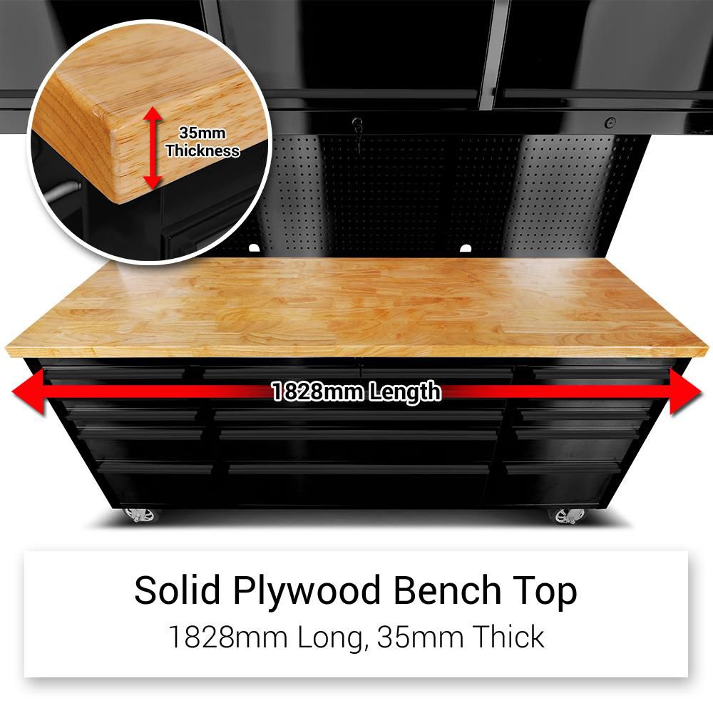 72" Matte Black Steel 15 Drawer Tool Chest with Solid Wooden Top, 3 Upper Cabinets and Peg Board