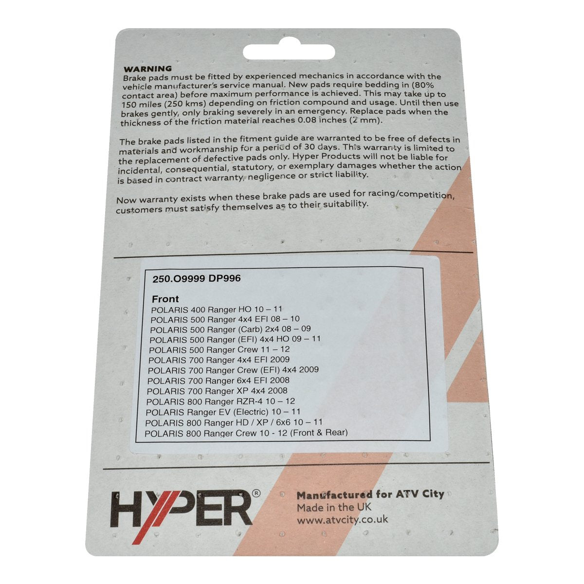 Brake Pads – Front – Polaris – Ranger 400 /500 /570 /700 /800 /900 /1000 – Diesel – New Ranger Diesel 19-20