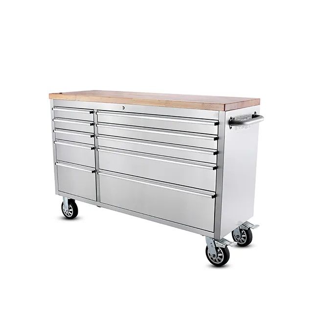 55" Stainless Steel Tool Chest Box 10 Drawers Solid Wooden Top