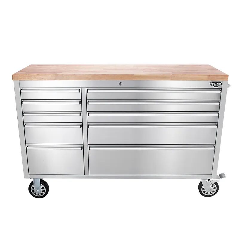 55" Stainless Steel Tool Chest Box 10 Drawers Solid Wooden Top