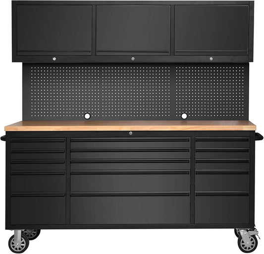 72" Matte Black Steel 15 Drawer Tool Chest with Solid Wooden Top, 3 Upper Cabinets and Peg Board