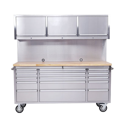 72" Stainless Steel 15 Drawer Tool Chest, Wooden Top, 3 Cabinets & Peg Board