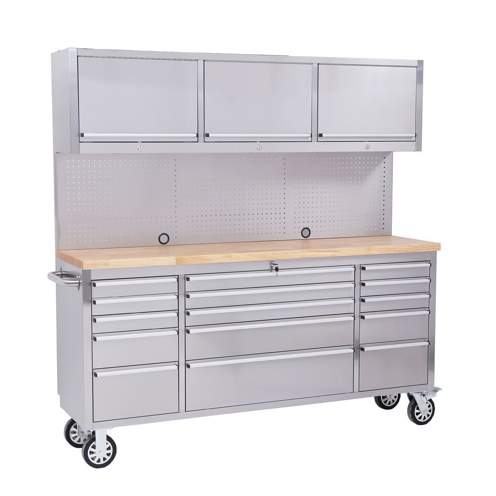 72" Stainless Steel 15 Drawer Tool Chest, Wooden Top, 3 Cabinets & Peg Board