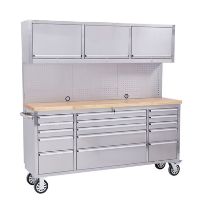 72" Stainless Steel 15 Drawer Tool Chest, Wooden Top, 3 Cabinets & Peg Board