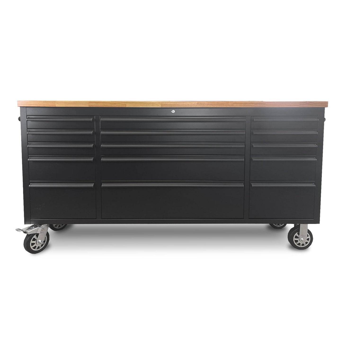 72" Matte Black Powder Coated Steel 15 Drawer Lockable Wooden Top Tool Chest