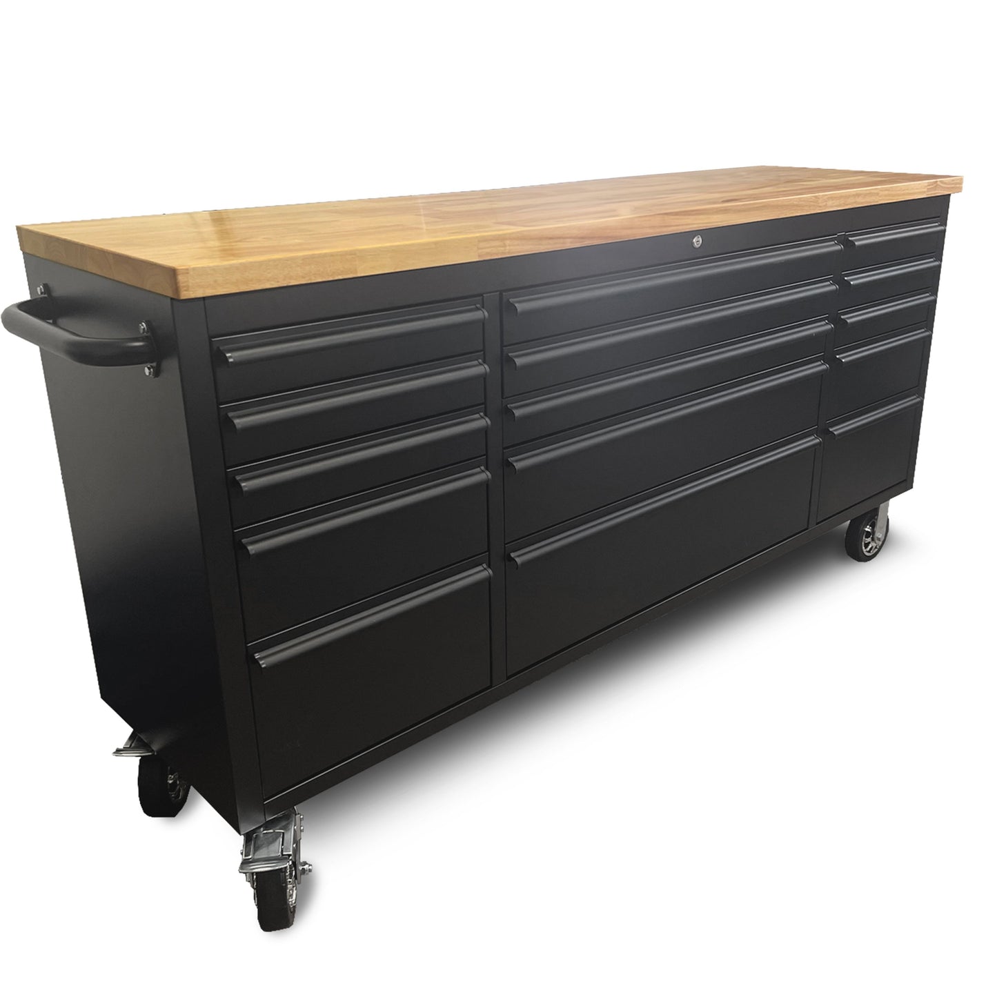 72" Matte Black Powder Coated Steel 15 Drawer Lockable Wooden Top Tool Chest