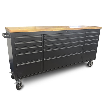 72" Matte Black Powder Coated Steel 15 Drawer Lockable Wooden Top Tool Chest