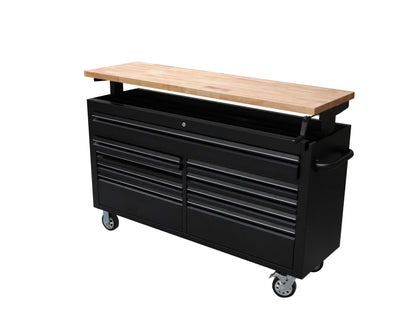 61" Black Powder Coated Steel 9 Drawer Tool Chest Adjustable Height Wooden Top