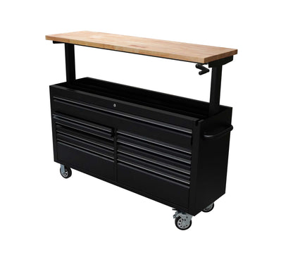 61" Black Powder Coated Steel 9 Drawer Tool Chest Adjustable Height Wooden Top