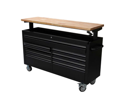 61" Black Powder Coated Steel 9 Drawer Tool Chest Adjustable Height Wooden Top