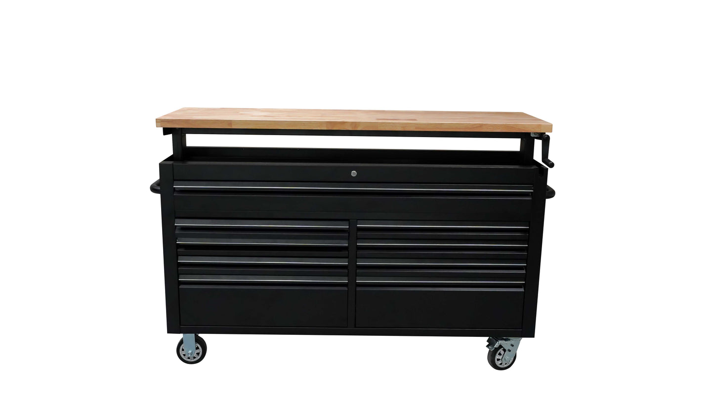 61" Black Powder Coated Steel 9 Drawer Tool Chest Adjustable Height Wooden Top