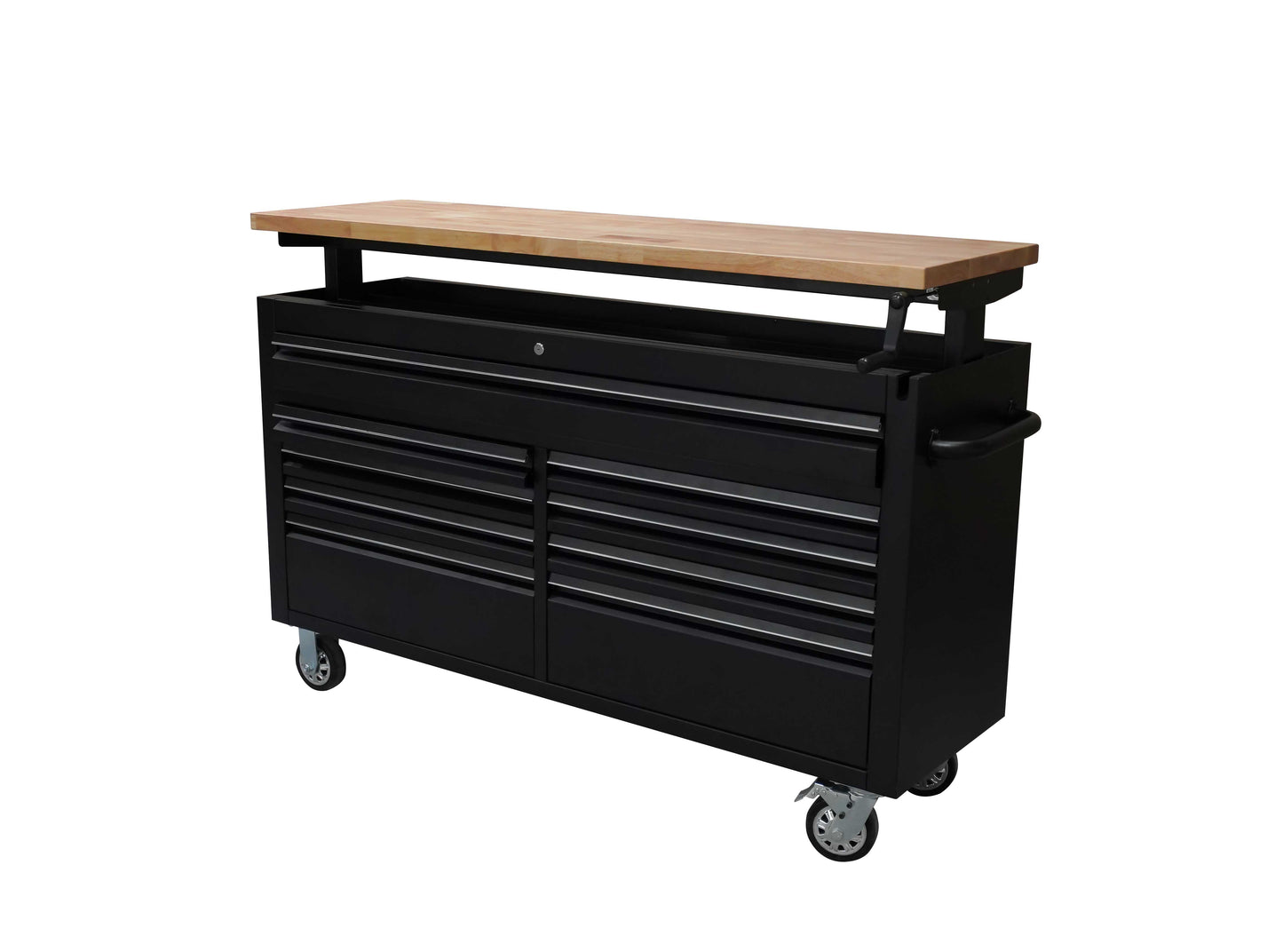 61" Black Powder Coated Steel 9 Drawer Tool Chest Adjustable Height Wooden Top