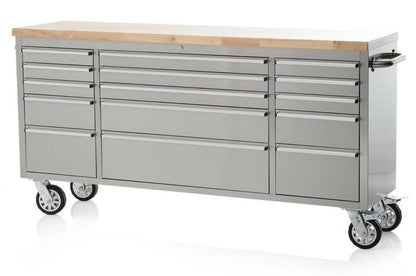 72" Brushed Stainless Steel Tool Chest Box 15 Drawers Solid Wooden Top