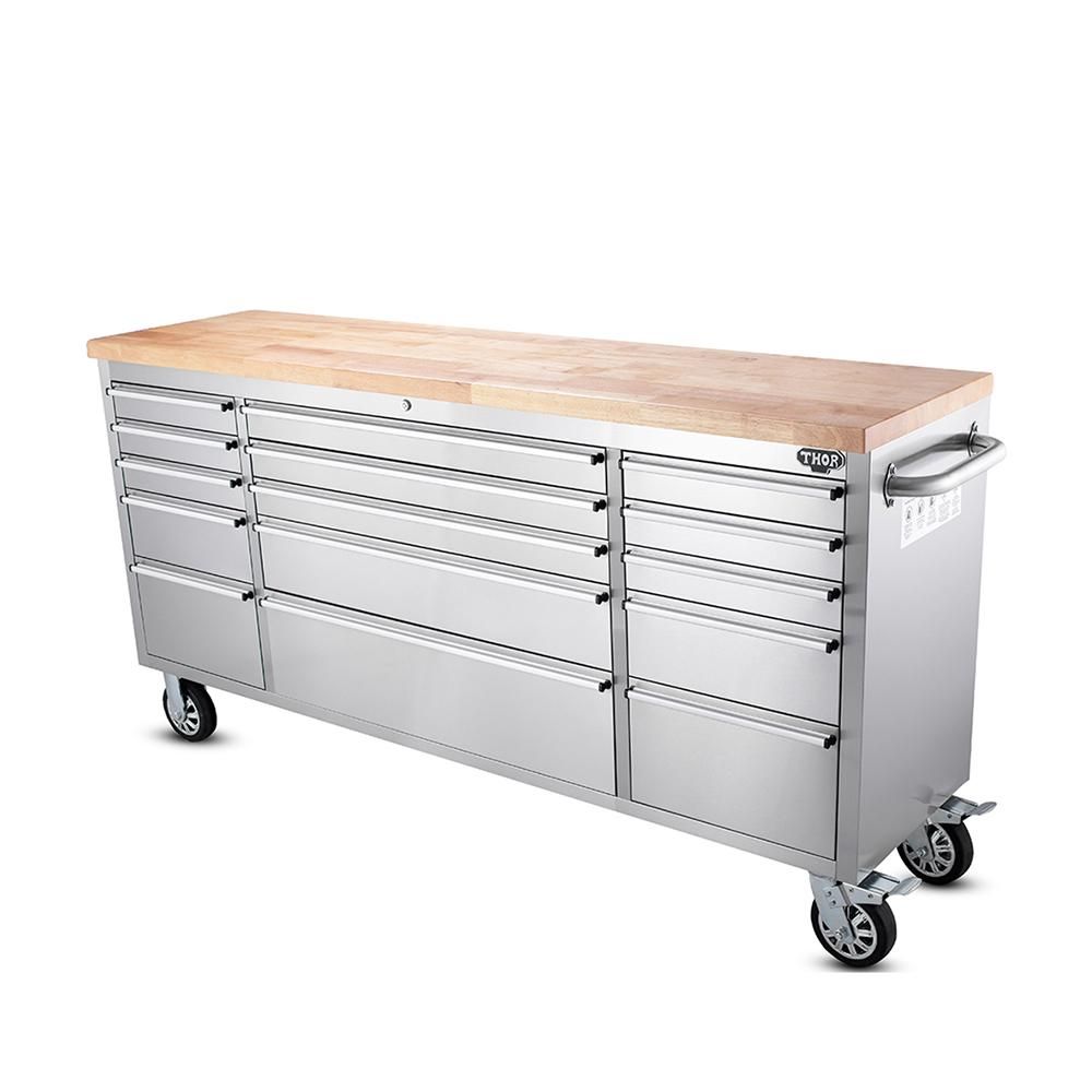 72" Brushed Stainless Steel Tool Chest Box 15 Drawers Solid Wooden Top