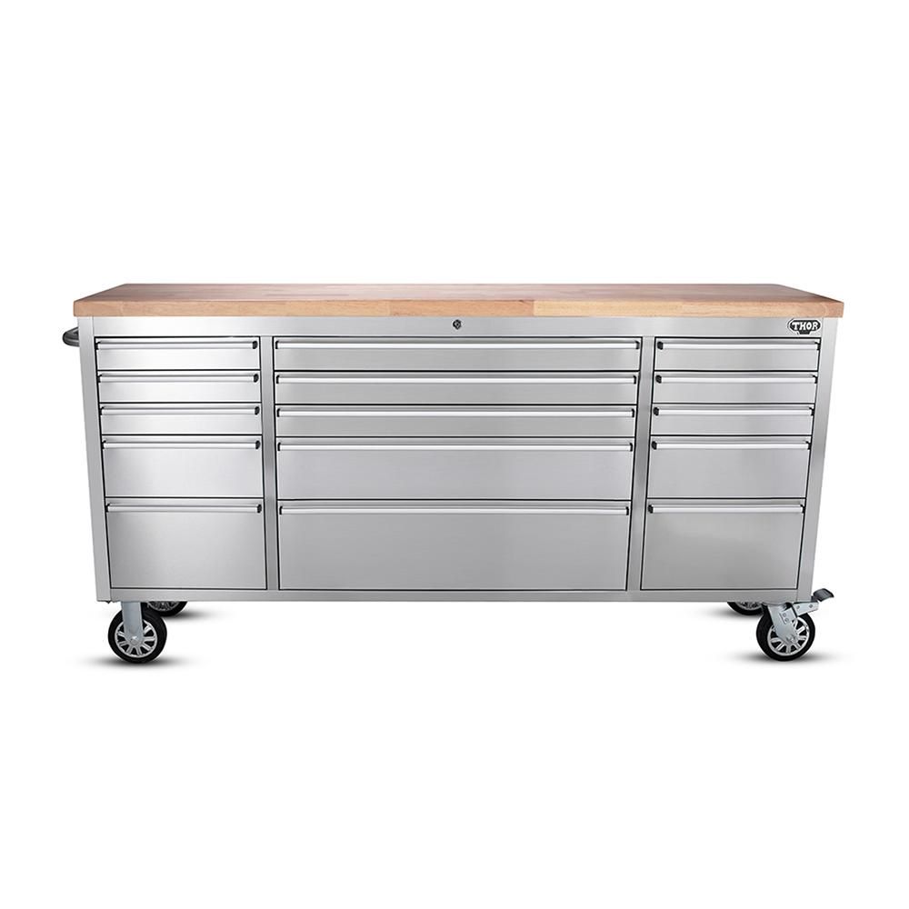 72" Brushed Stainless Steel Tool Chest Box 15 Drawers Solid Wooden Top