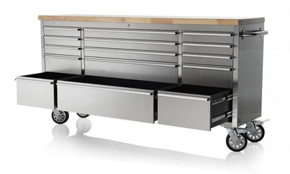 72" Brushed Stainless Steel Tool Chest Box 15 Drawers Solid Wooden Top