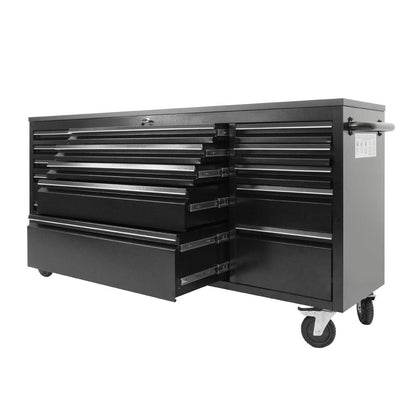 72" Powder Coated Black Steel Tool Chest Box 15 Drawers