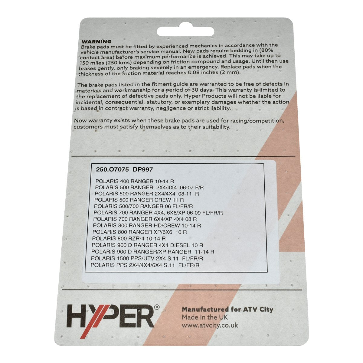 Brake Disc Pads – Front / Rear – Polaris Ranger – 400 /500 /570 /700 /800 /900 /1000 – Diesel